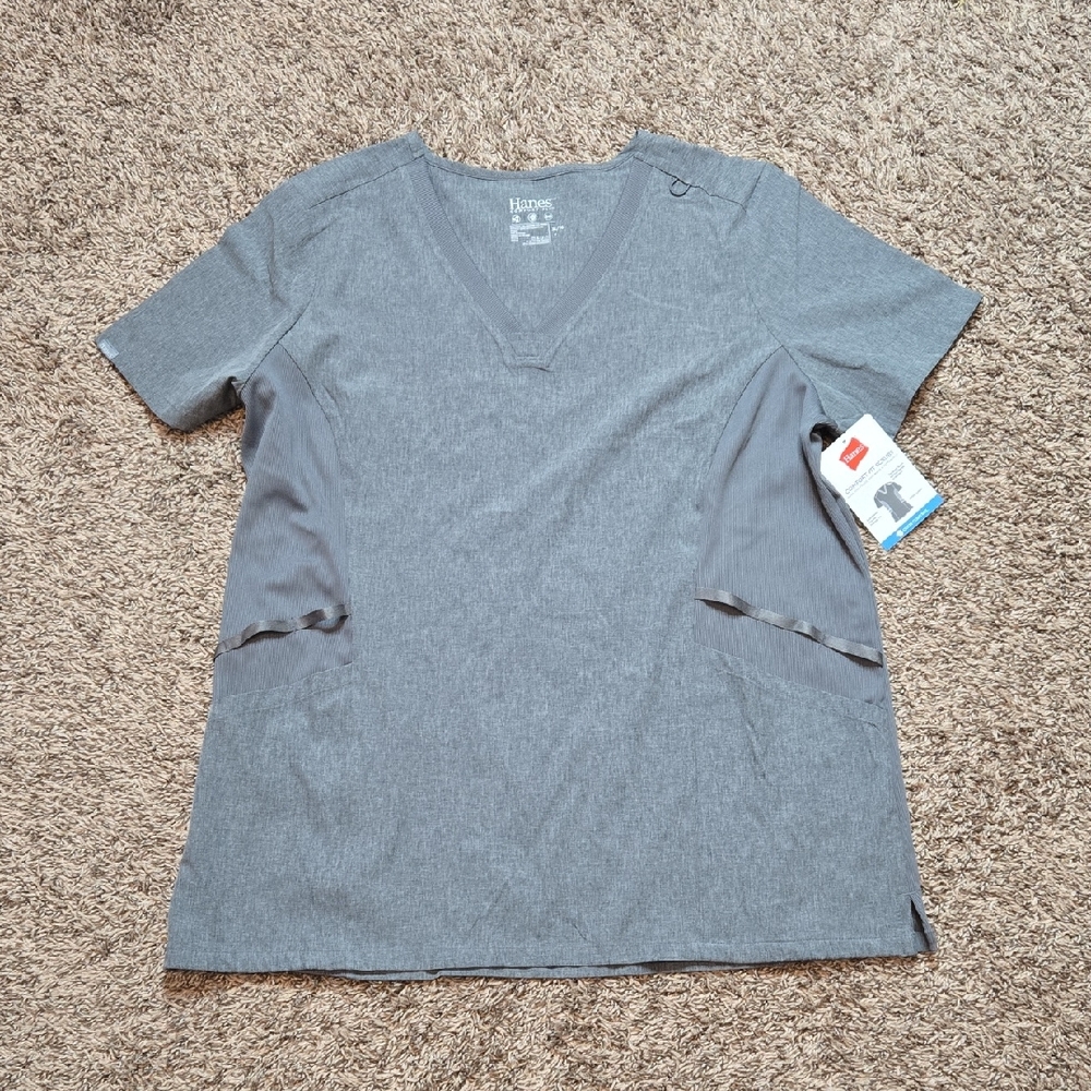 Hanes Comfort Fit XL Gray Scrubs Scrub Shirt Top Odor Control Stretch